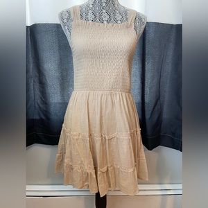 Smocked beige square neck dress